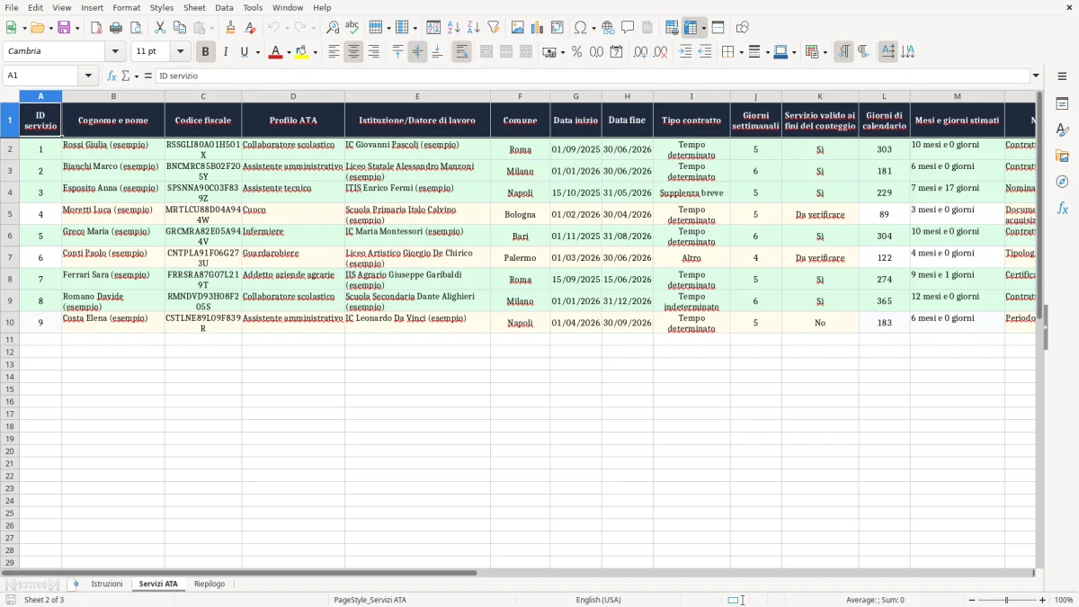 Anteprima del modello Excel Foglio Excel calcolo servizio ATA 24 Mesi — foglio Servizi ATA (immagine 2)
