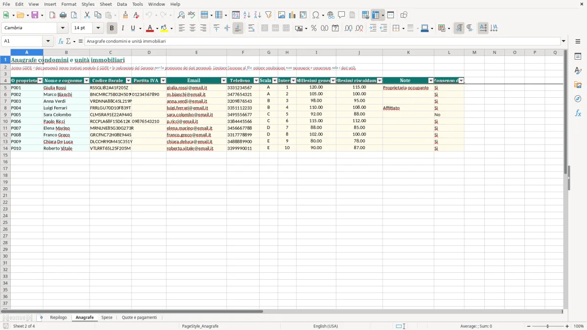 Anteprima del modello Excel Foglio Excel gestione condominio gratis — foglio Anagrafe (immagine 2)