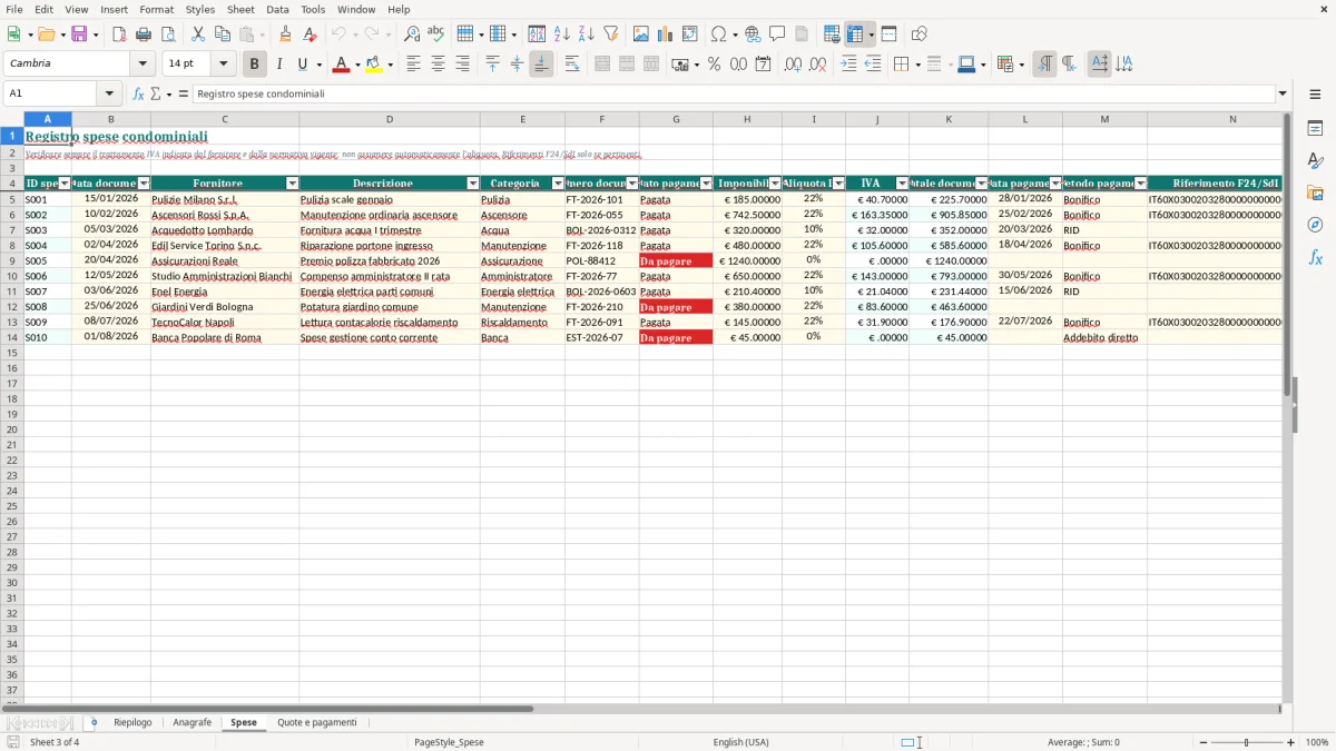 Anteprima del modello Excel Foglio Excel gestione condominio gratis — foglio Spese (immagine 3)
