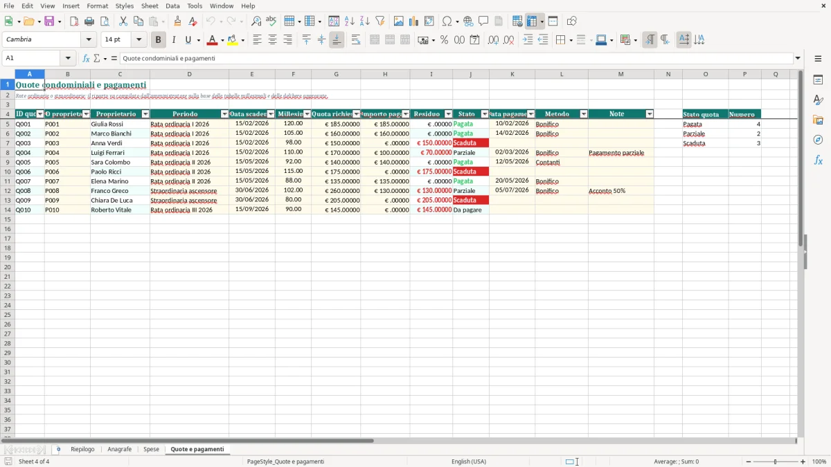 Anteprima del modello Excel Foglio Excel gestione condominio gratis — foglio Quote e pagamenti (immagine 4)