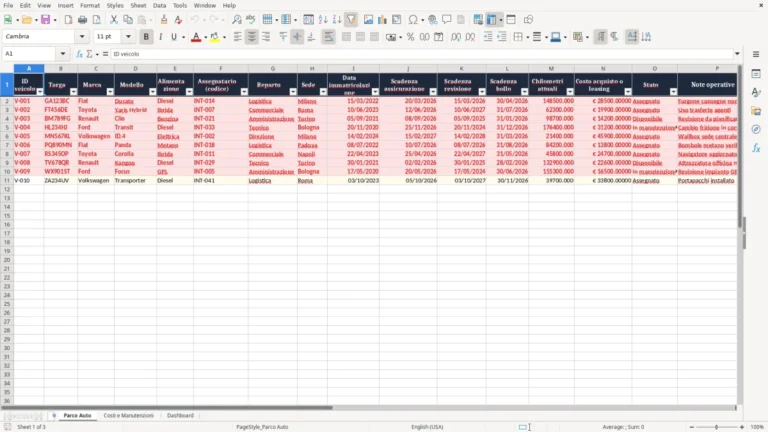 Anteprima di Gestione del parco auto aziendale in Excel