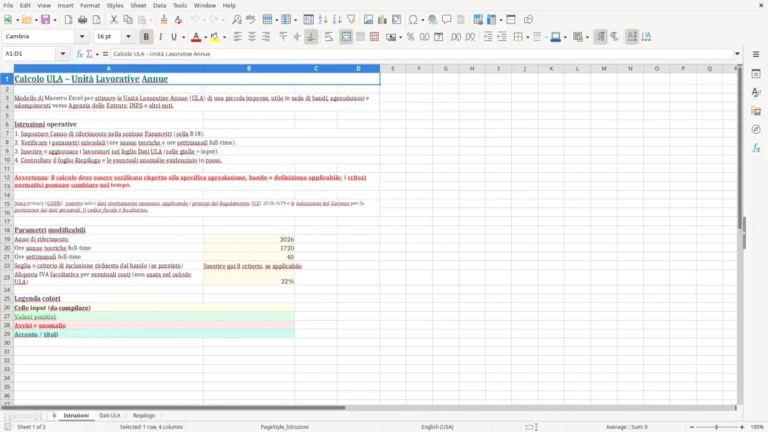 Anteprima di Calcolo delle ULA in Excel per bandi e agevolazioni
