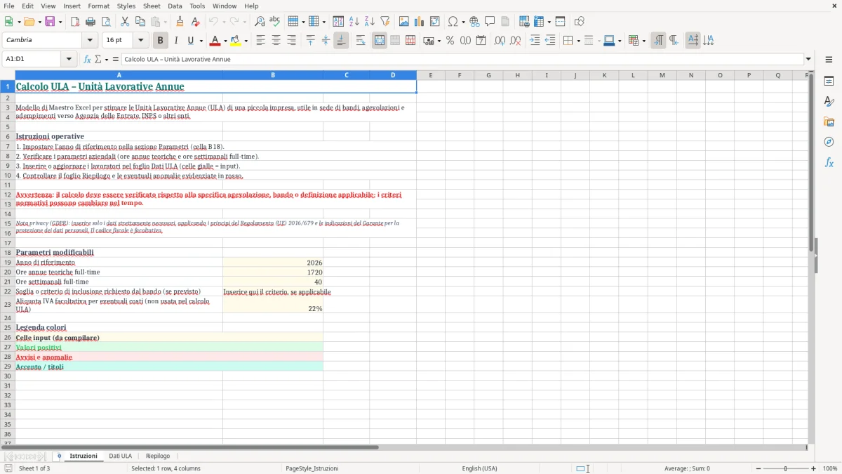 Anteprima del modello Excel Foglio Excel per Calcolo ULA: Scarica Gratis — foglio Istruzioni (immagine 1)