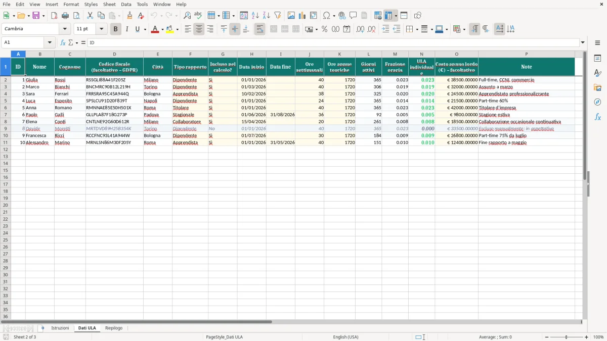 Anteprima del modello Excel Foglio Excel per Calcolo ULA: Scarica Gratis — foglio Dati ULA (immagine 2)