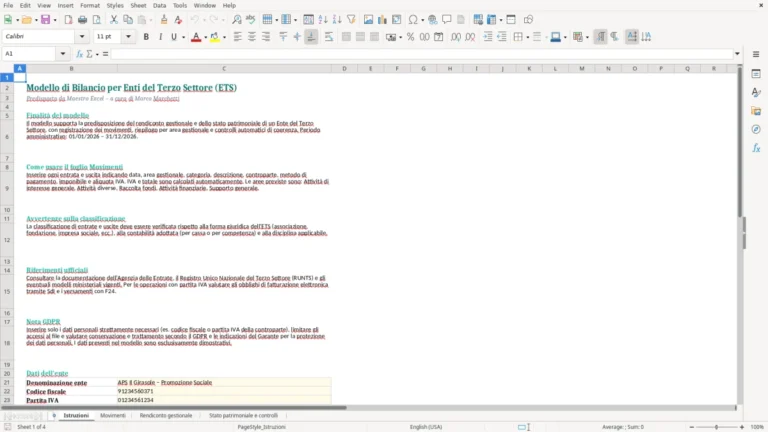 Anteprima di Bilancio degli enti del Terzo settore in Excel