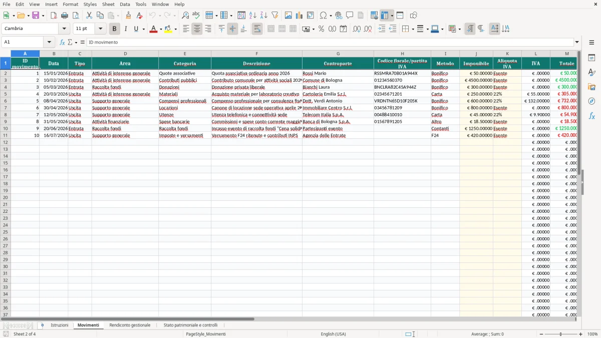 Anteprima del modello Excel Foglio Excel per il Bilancio degli Enti del Terzo Settore — foglio Movimenti (immagine 2)