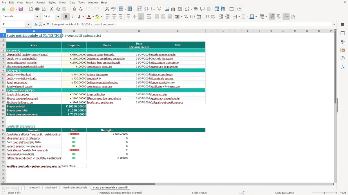 Anteprima del modello Excel Foglio Excel per il Bilancio degli Enti del Terzo Settore — foglio Stato patrimoniale e controlli (immagine 4)