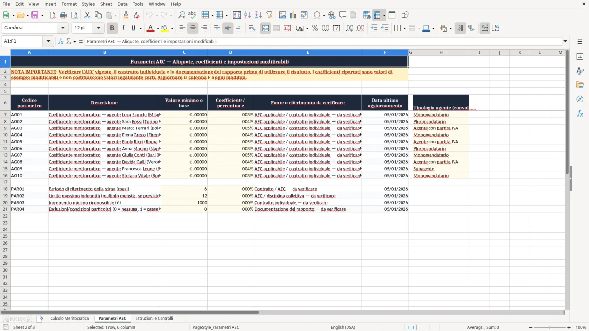 Anteprima del modello Excel Foglio Excel per il Calcolo Gratuito dell’Indennità Meritocratica per Agenti — foglio Parametri AEC (immagine 2)