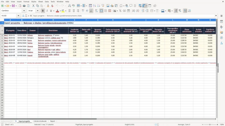 Anteprima di Predimensionamento di un balcone a sbalzo in Excel