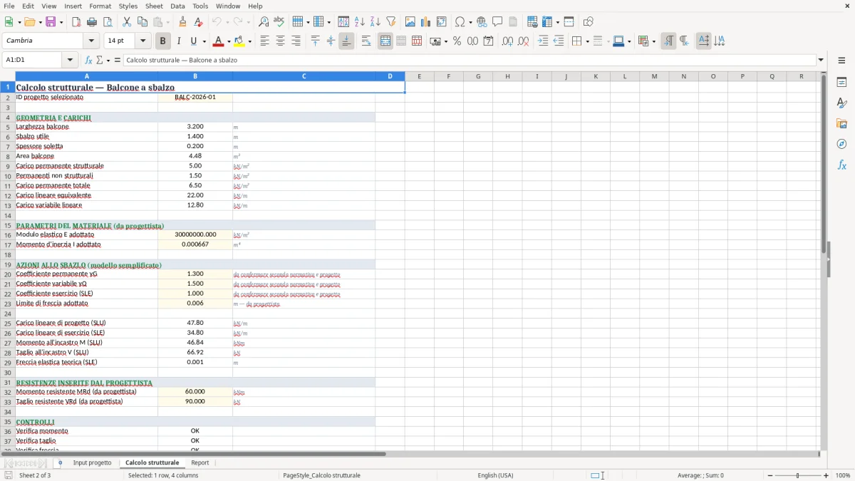 Anteprima del modello Excel Foglio Excel per il Calcolo Preciso del Balcone a Sbalzo — foglio Calcolo strutturale (immagine 2)