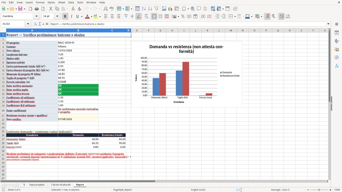 Anteprima del modello Excel Foglio Excel per il Calcolo Preciso del Balcone a Sbalzo — foglio Report (immagine 3)