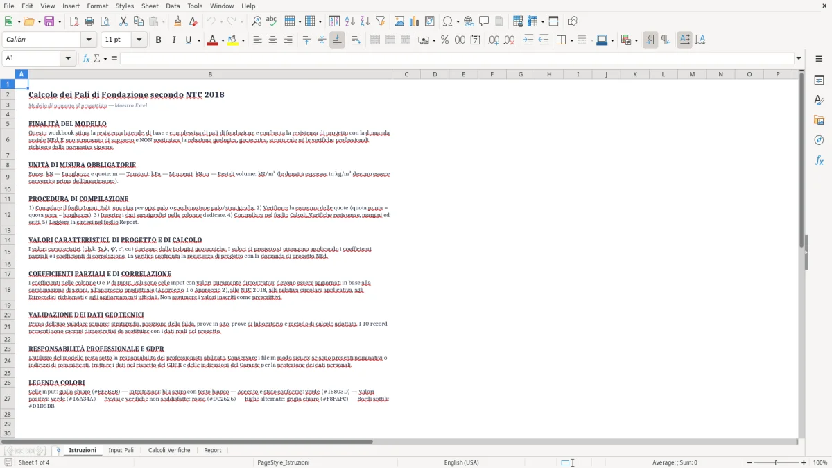 Anteprima del modello Excel Foglio Excel per il Calcolo dei Pali di Fondazione secondo NTC 2018 — foglio Istruzioni (immagine 1)