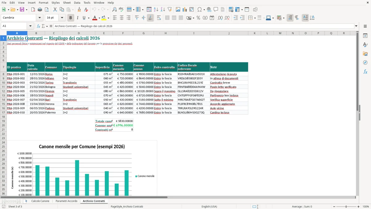 Anteprima del modello Excel Foglio Excel per il Calcolo del Canone Concordato — foglio Archivio Contratti (immagine 3)