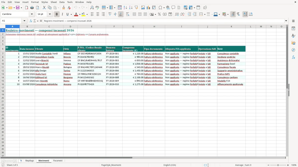 Anteprima del modello Excel Foglio Excel per il Calcolo del Regime Forfettario — foglio Movimenti (immagine 2)
