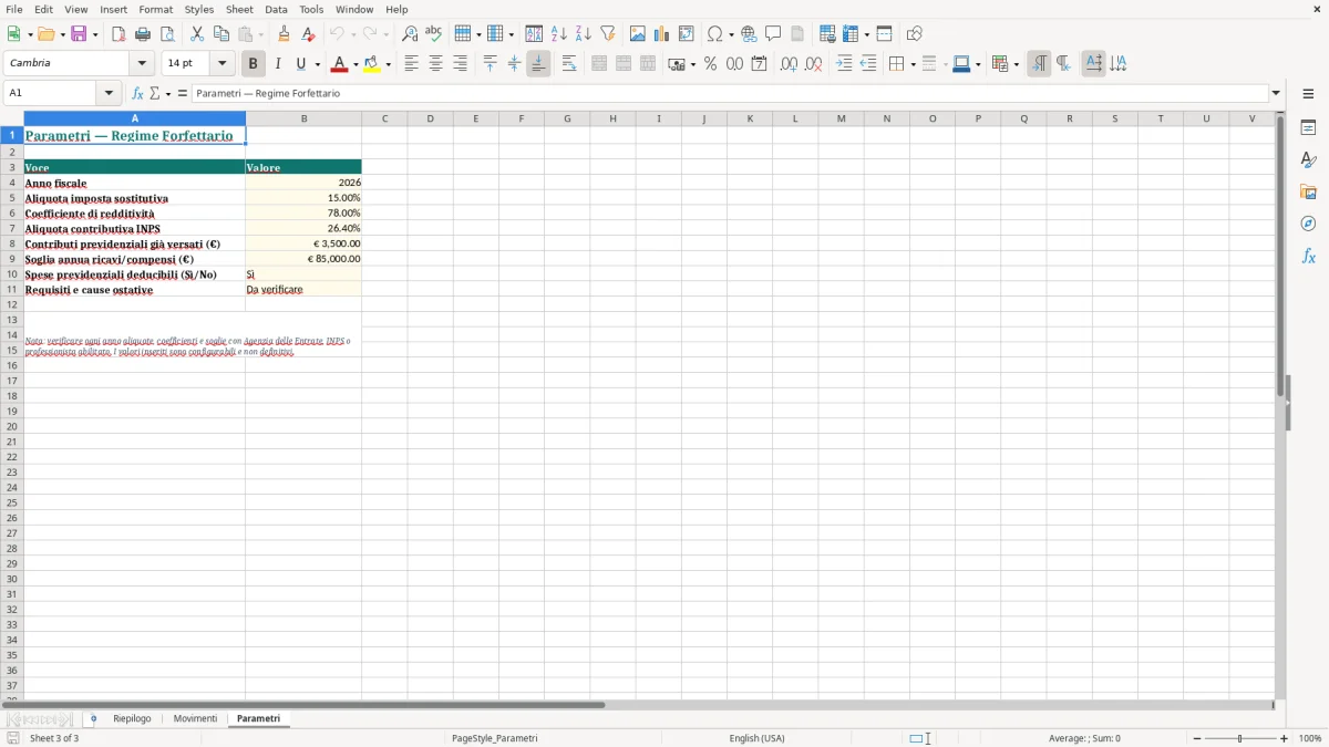 Anteprima del modello Excel Foglio Excel per il Calcolo del Regime Forfettario — foglio Parametri (immagine 3)