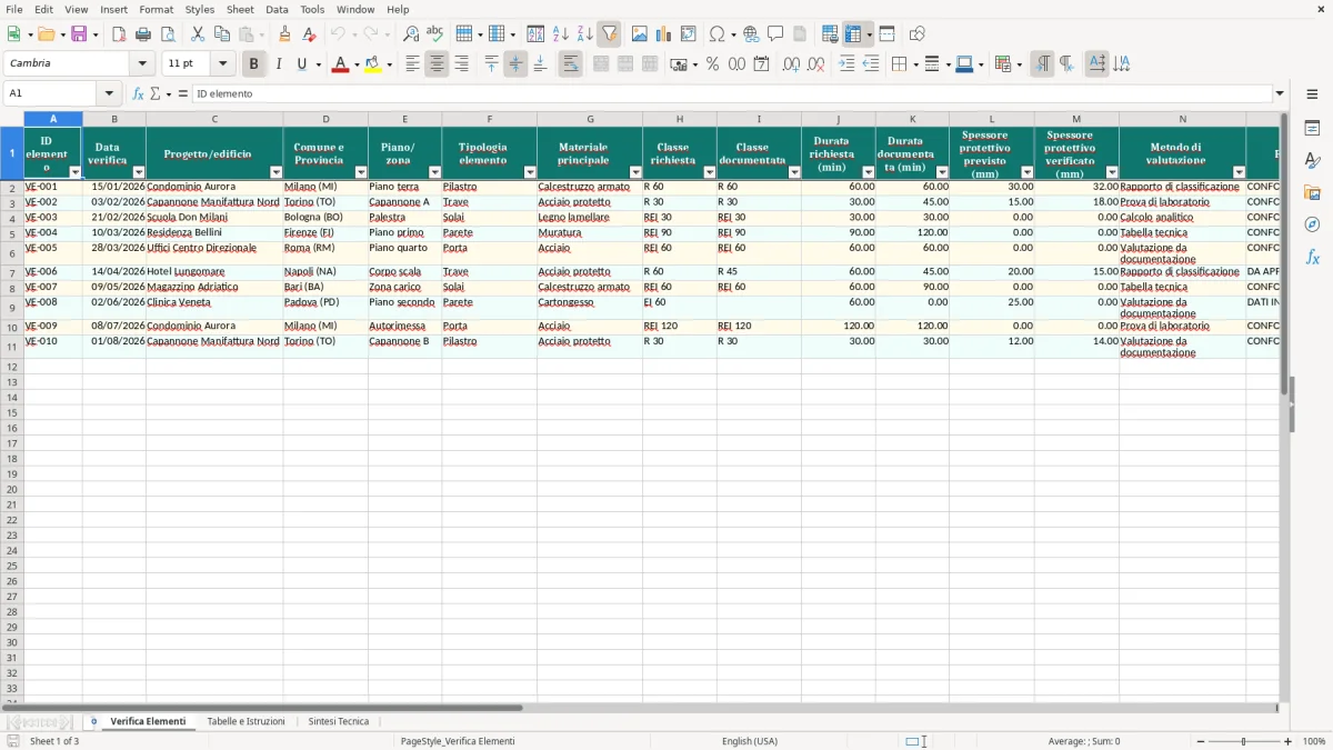 Anteprima del modello Excel Foglio Excel per il Calcolo della Resistenza al Fuoco — foglio Verifica Elementi (immagine 1)