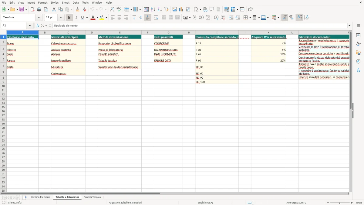 Anteprima del modello Excel Foglio Excel per il Calcolo della Resistenza al Fuoco — foglio Tabelle e Istruzioni (immagine 2)