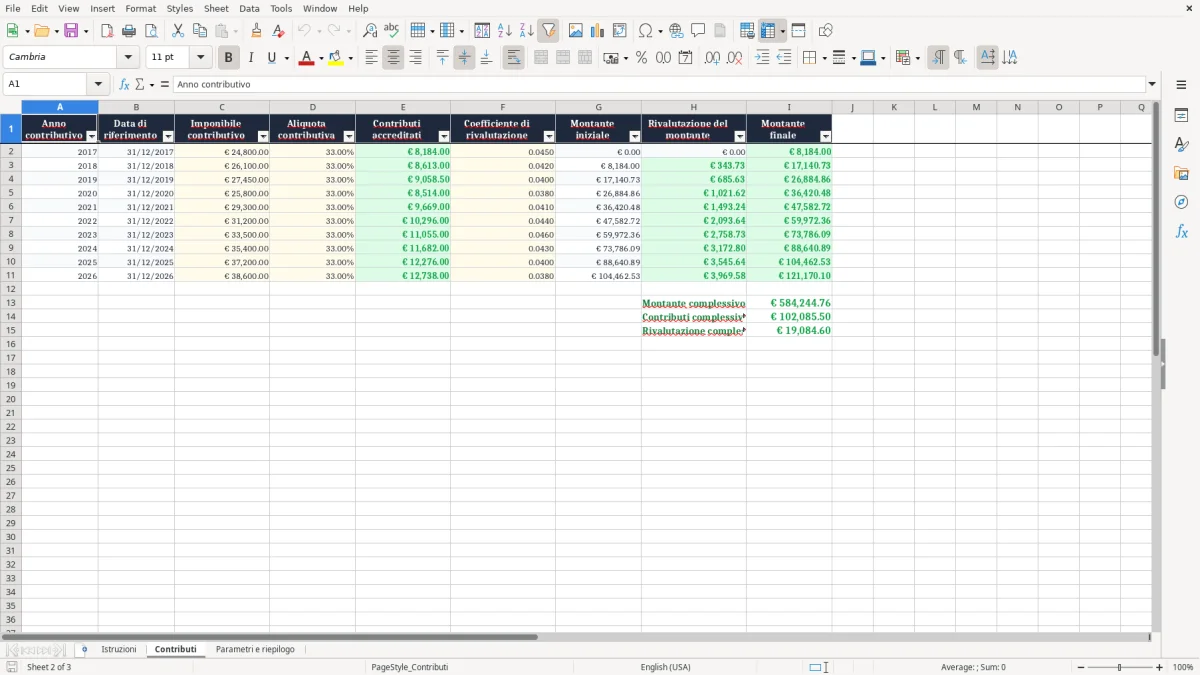 Anteprima del modello Excel Foglio Excel per il calcolo del montante contributivo — foglio Contributi (immagine 2)