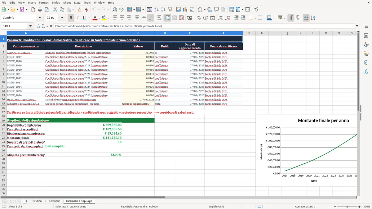 Anteprima del modello Excel Foglio Excel per il calcolo del montante contributivo — foglio Parametri e riepilogo (immagine 3)