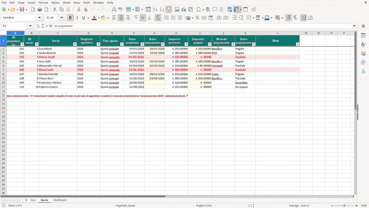 Anteprima del modello Excel Foglio Excel per la Gestione dell’Associazione Sportiva — foglio Quote (immagine 2)