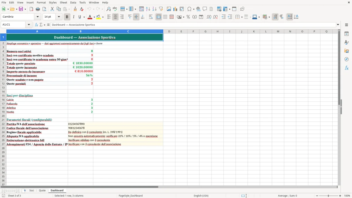 Anteprima del modello Excel Foglio Excel per la Gestione dell’Associazione Sportiva — foglio Dashboard (immagine 3)