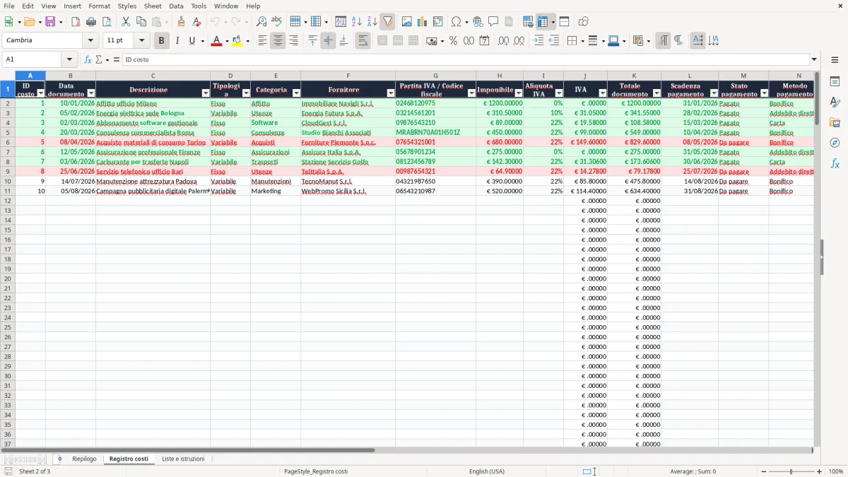 Anteprima del modello Excel Foglio excel costi fissi e variable — foglio Registro costi (immagine 2)