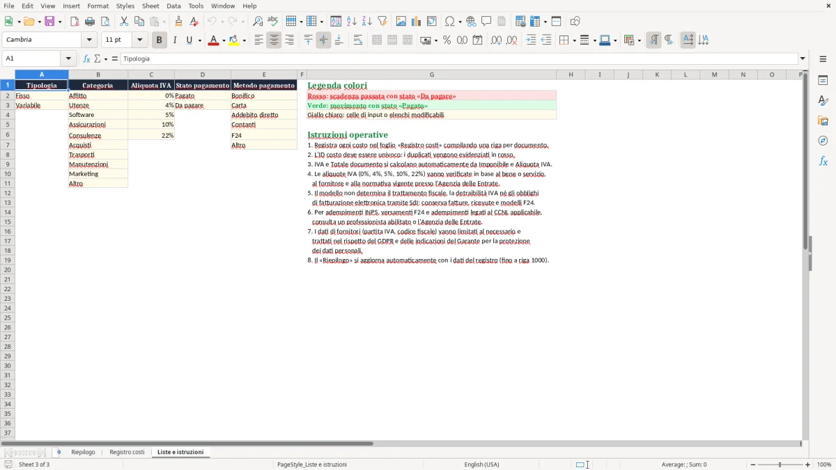 Anteprima del modello Excel Foglio excel costi fissi e variable — foglio Liste e istruzioni (immagine 3)