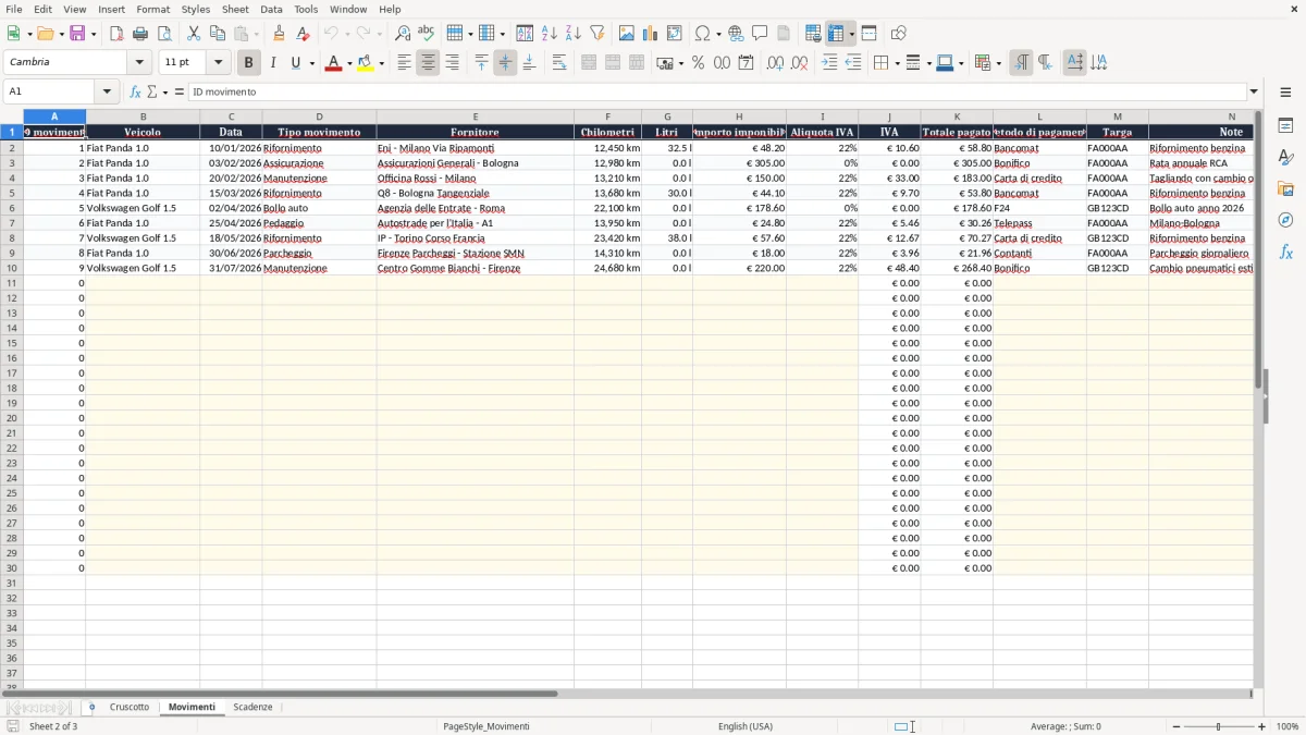Anteprima del modello Excel Foglio excel gestione auto — foglio Movimenti (immagine 2)