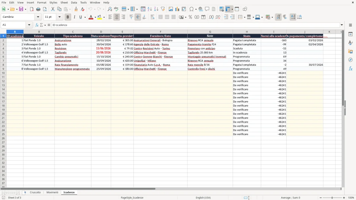Anteprima del modello Excel Foglio excel gestione auto — foglio Scadenze (immagine 3)
