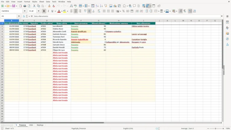 Anteprima di Registro delle presenze agli allenamenti di calcio in Excel