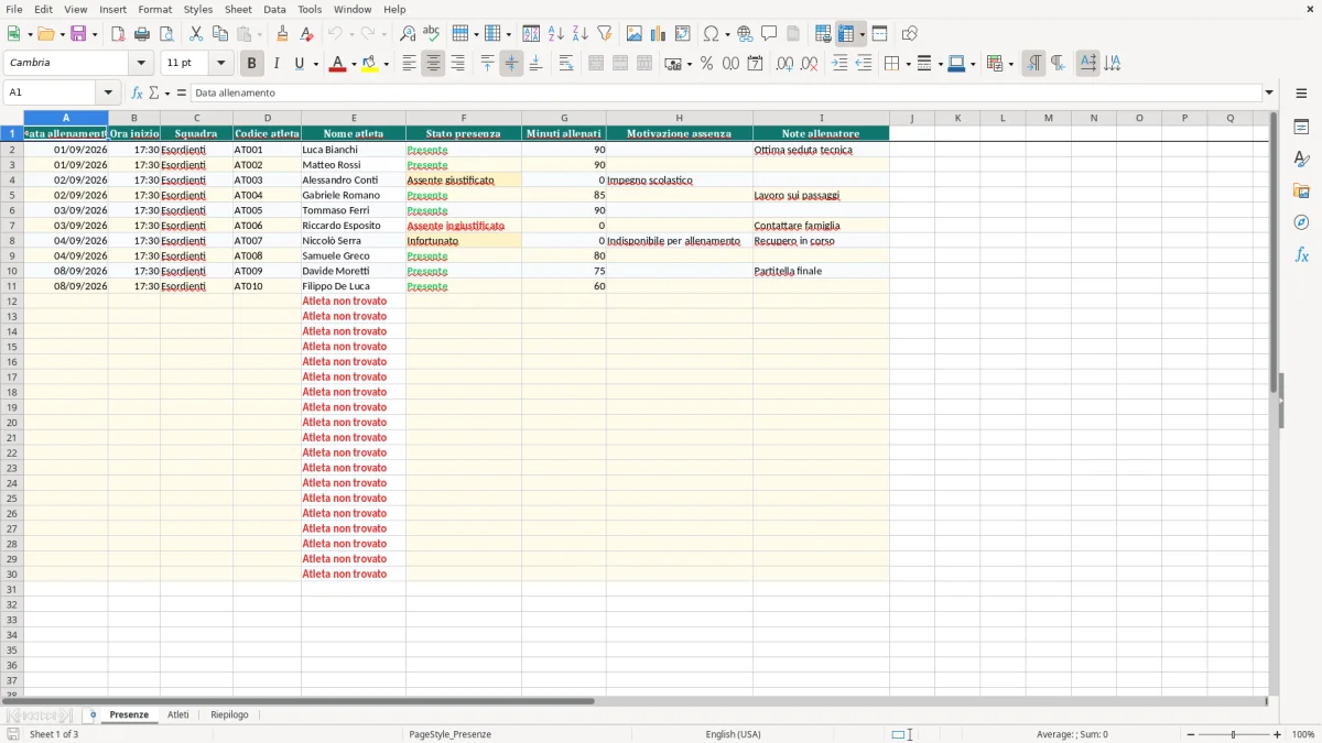Anteprima del modello Excel Foglio excel presenze allenamenti calcio — foglio Presenze (immagine 1)