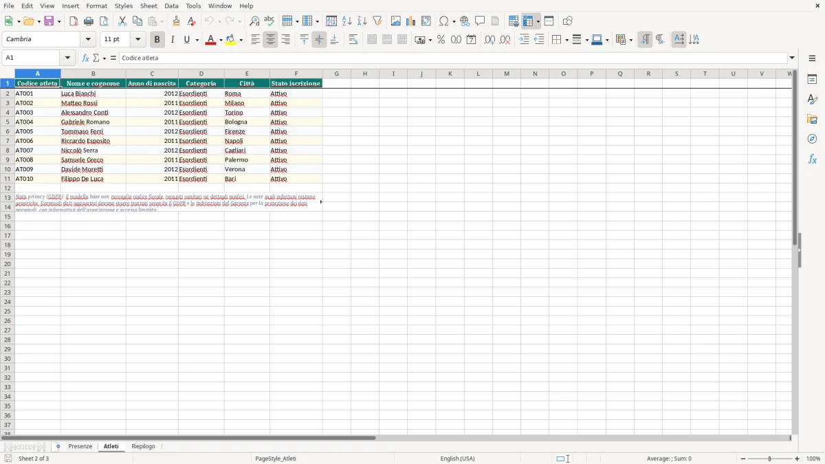 Anteprima del modello Excel Foglio excel presenze allenamenti calcio — foglio Atleti (immagine 2)