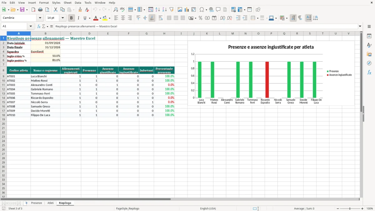 Anteprima del modello Excel Foglio excel presenze allenamenti calcio — foglio Riepilogo (immagine 3)