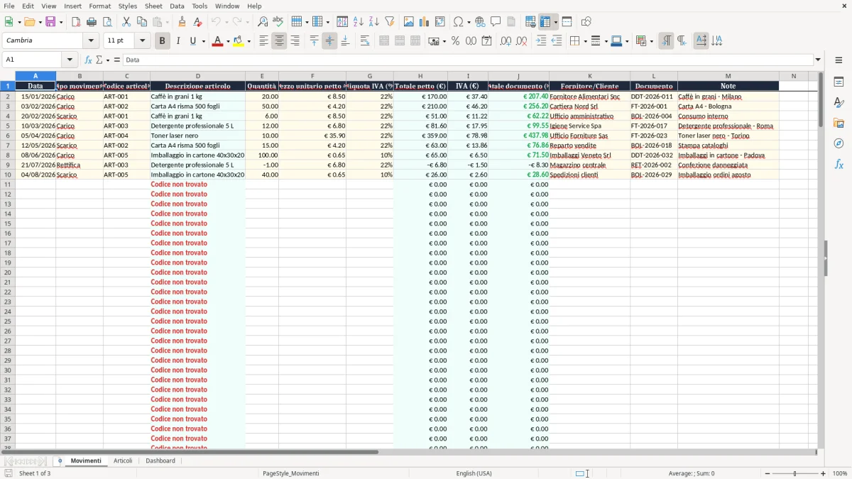Anteprima del modello Excel Gestione del magazzino con Excel — foglio Movimenti (immagine 1)
