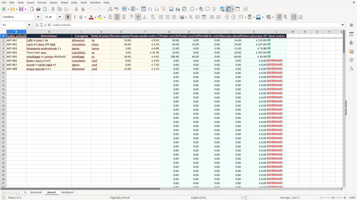 Anteprima del modello Excel Gestione del magazzino con Excel — foglio Articoli (immagine 2)