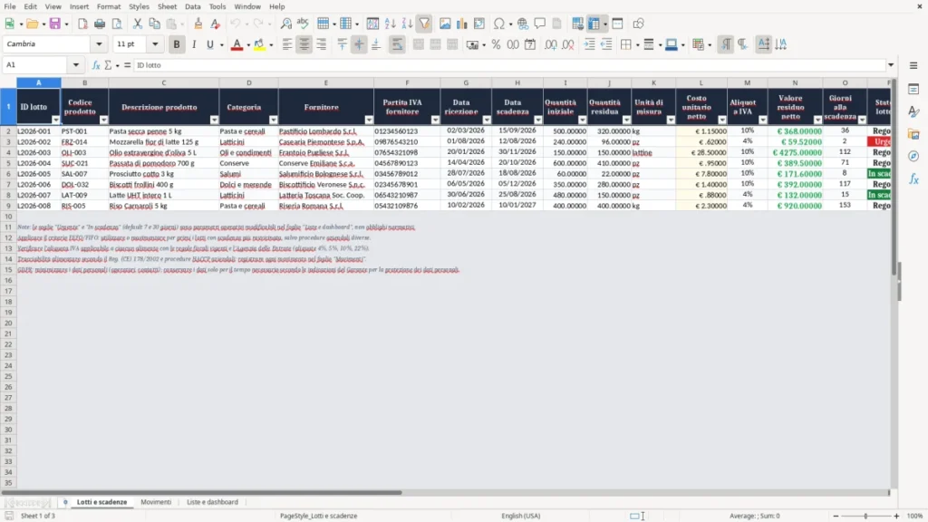 Anteprima del modello Gestione lotti e scadenze Excel – Modello Gratis (2026)