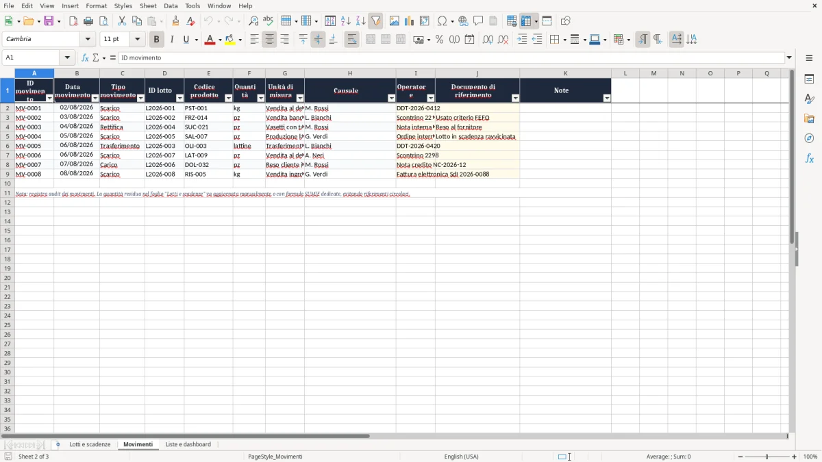 Anteprima del modello Excel Gestione lotti e scadenze alimentari Excel — foglio Movimenti (immagine 2)