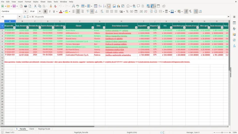 Anteprima di Gestione delle parcelle dei geometri in Excel per clienti e periodi fiscali