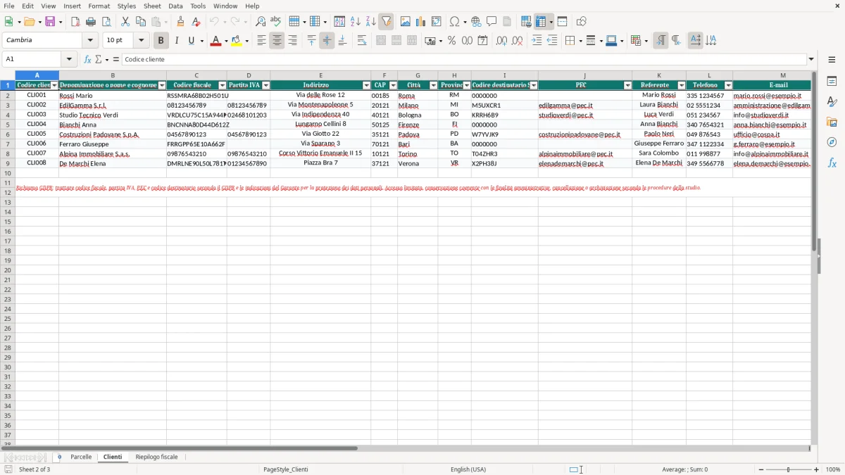 Anteprima del modello Excel Gestione parcelle geometri Excel per clienti e periodi fiscali — foglio Clienti (immagine 2)