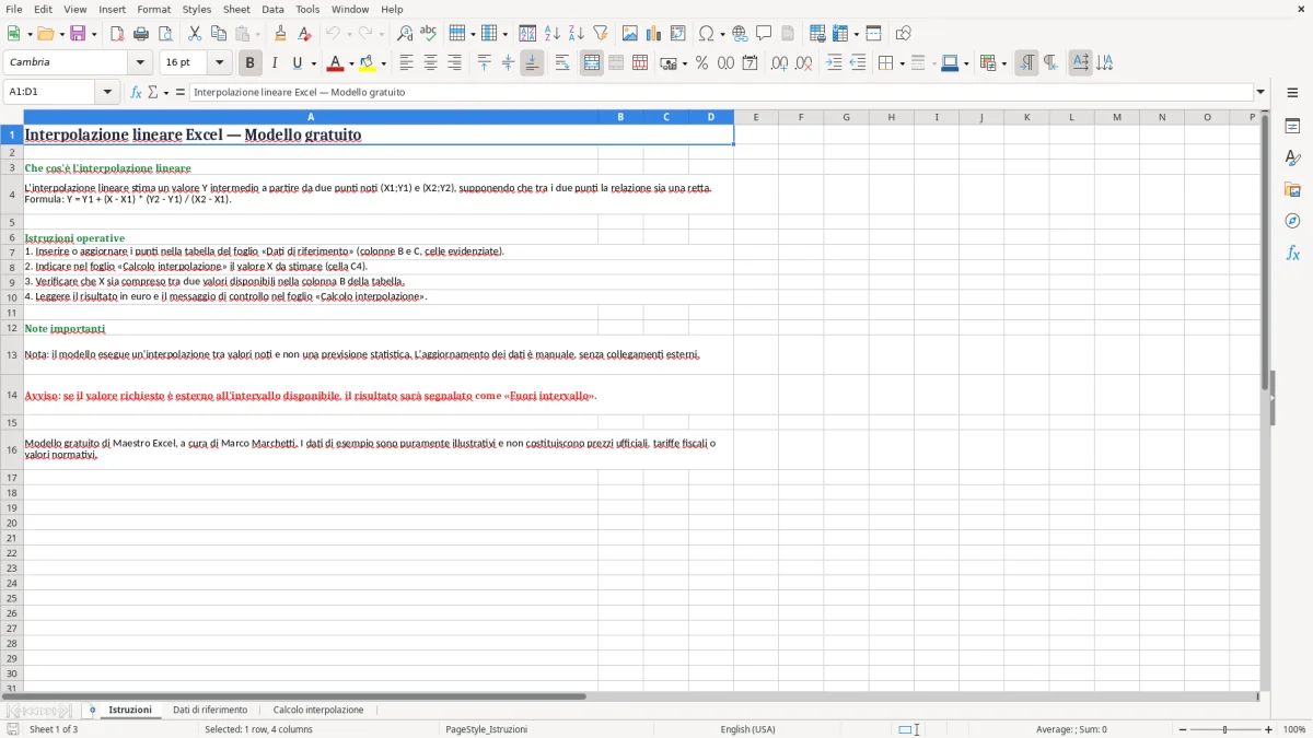 Anteprima del modello Excel Interpolazione lineare excel: Scarica Gratis — foglio Istruzioni (immagine 1)