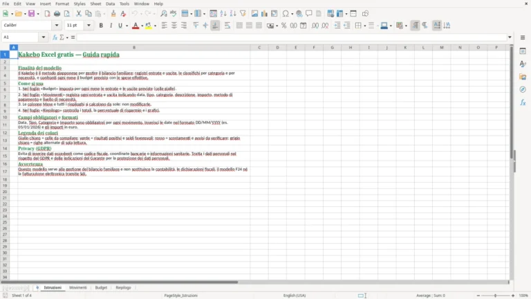 Anteprima di Kakebo in Excel per budget e risparmi