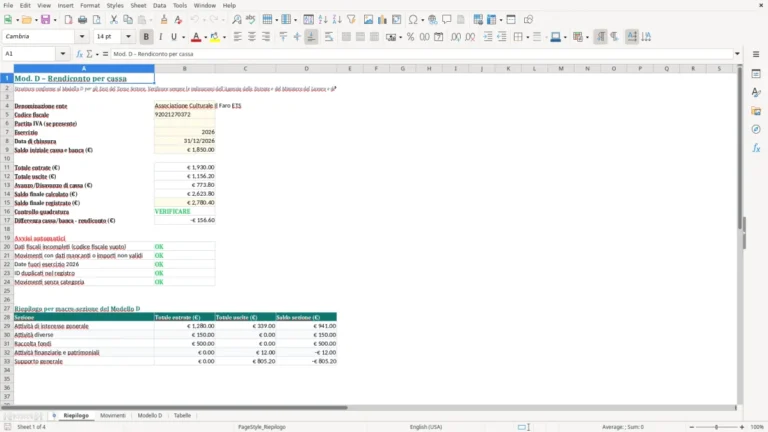 Anteprima di Modello D per il rendiconto per cassa degli ETS in Excel