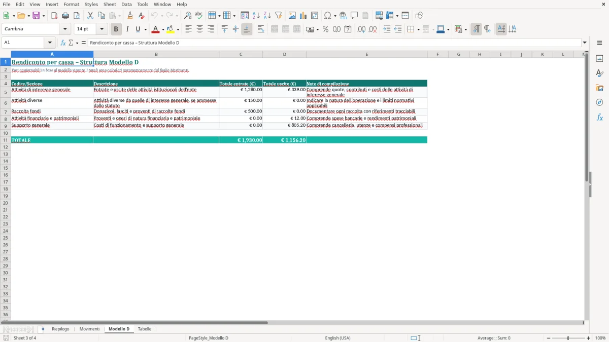 Anteprima del modello Excel Mod. D – Rendiconto per cassa in Excel — foglio Modello D (immagine 3)