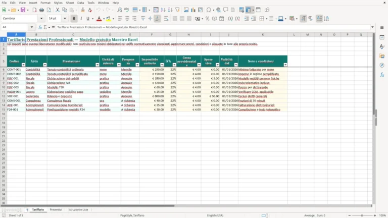 Anteprima di Tariffario per commercialisti in Excel