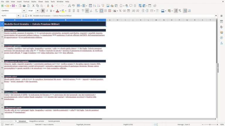 Anteprima di Calcolo della pensione del personale militare in Excel