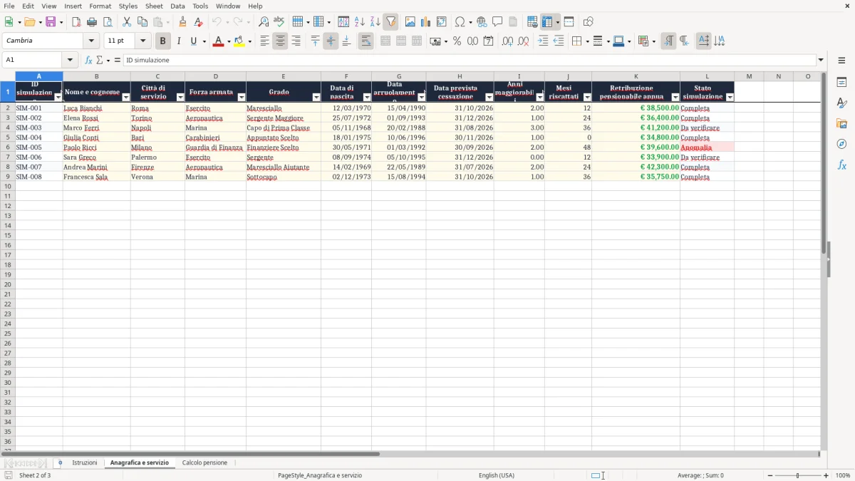 Anteprima del modello Excel Modello Excel Gratuito per il Calcolo della Pensione Militari — foglio Anagrafica e servizio (immagine 2)