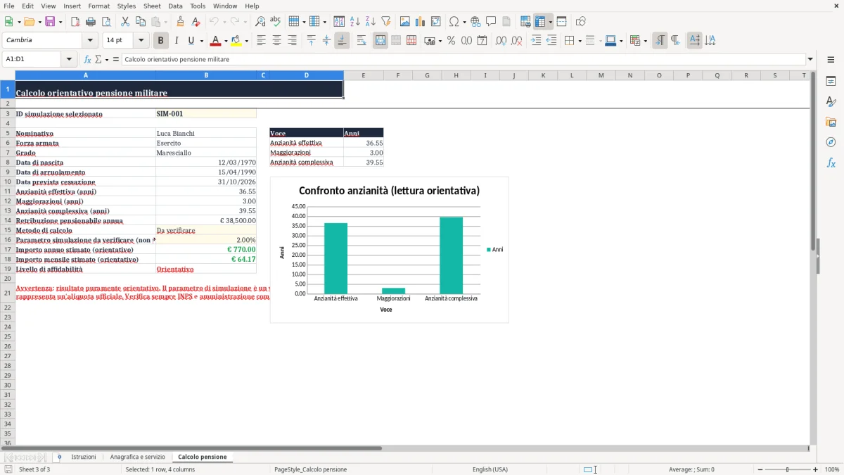 Anteprima del modello Excel Modello Excel Gratuito per il Calcolo della Pensione Militari — foglio Calcolo pensione (immagine 3)