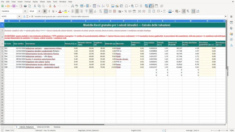 Anteprima di Calcoli idraulici in Excel per tubazioni e perdite di carico