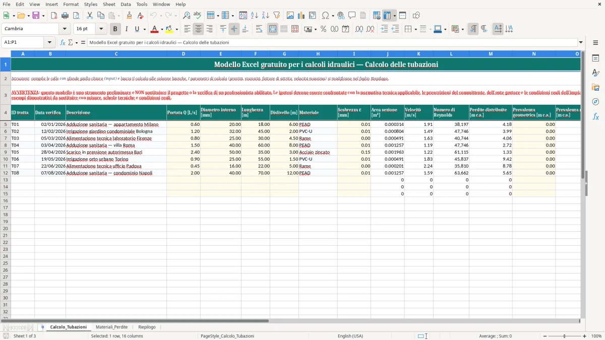 Anteprima del modello Excel Modello Excel gratuito per i calcoli idraulici — foglio Calcolo_Tubazioni (immagine 1)