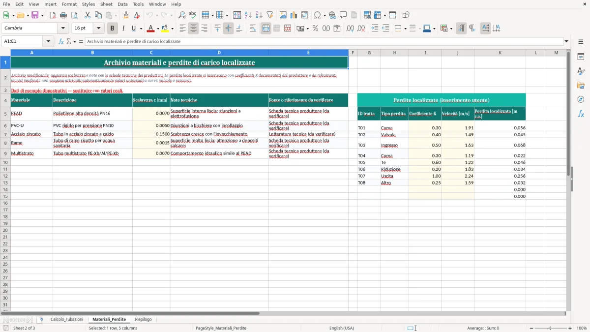 Anteprima del modello Excel Modello Excel gratuito per i calcoli idraulici — foglio Materiali_Perdite (immagine 2)